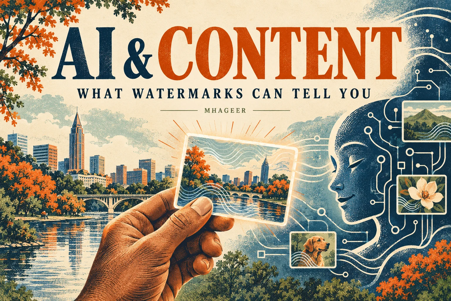 Illustration of a small business owner reviewing AI-assisted copy and checking image sources