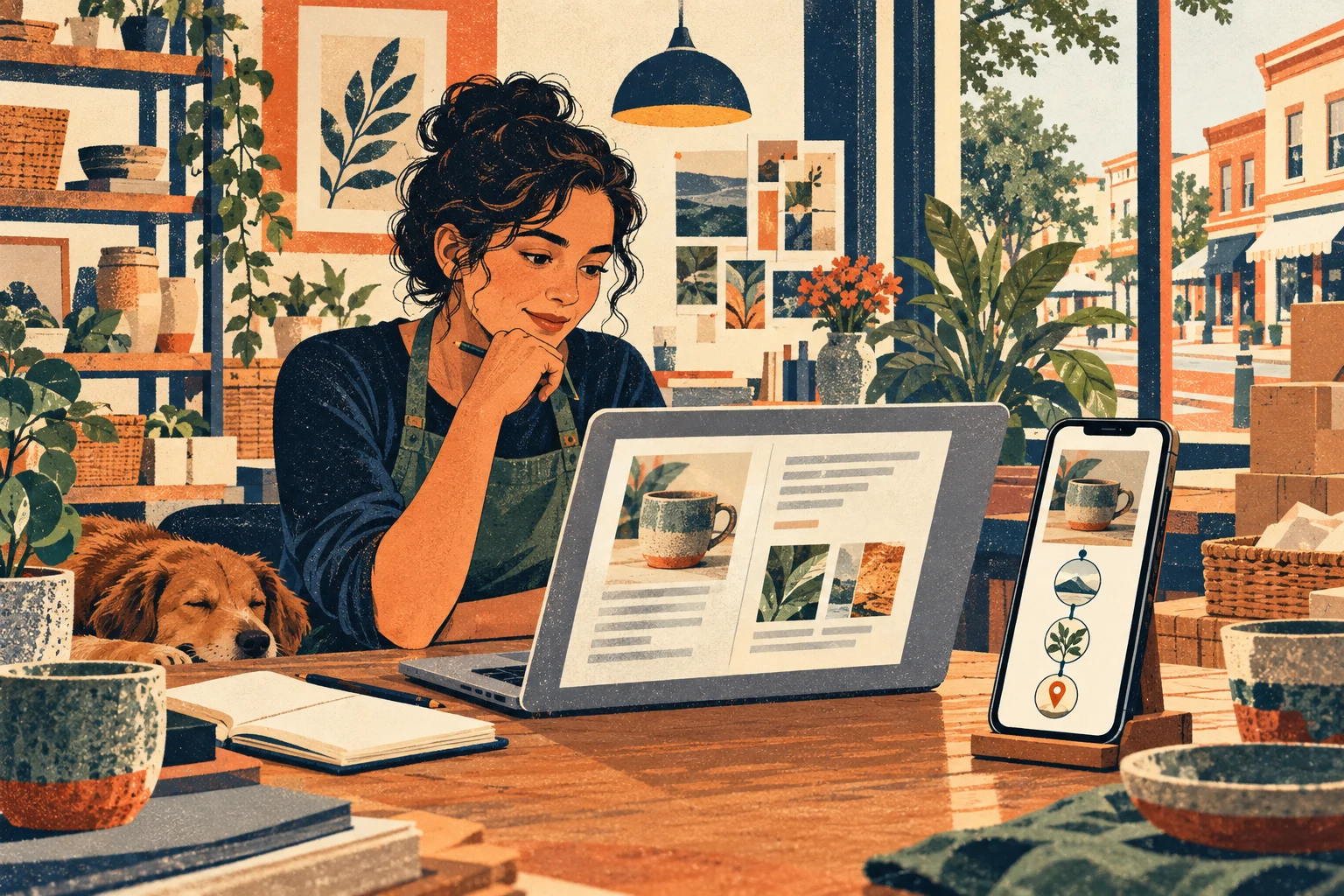 Illustration of a small business owner reviewing AI-assisted copy and checking image sources