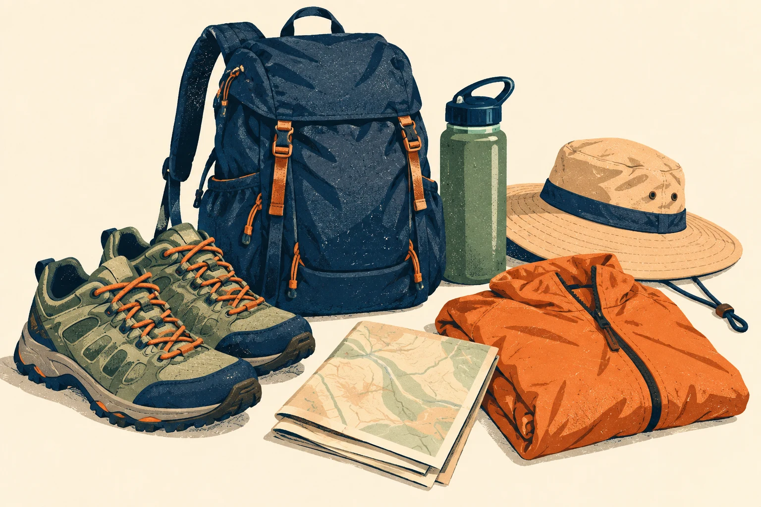 Illustrated hiking essentials with shoes, water, hat, map and backpack