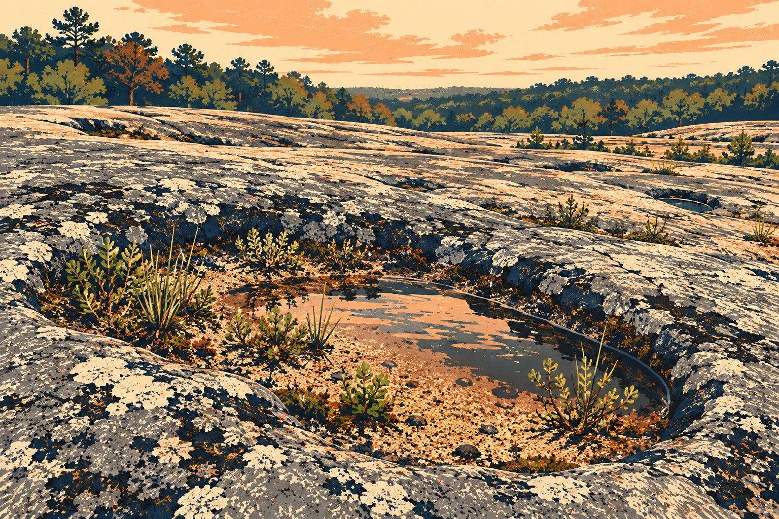 Illustration of a fragile shallow pool and plants on gray rock