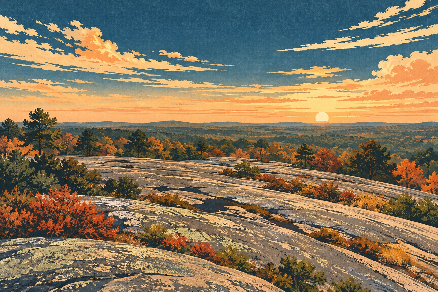 Illustration of broad gray rock and autumn woodland at Arabia Mountain