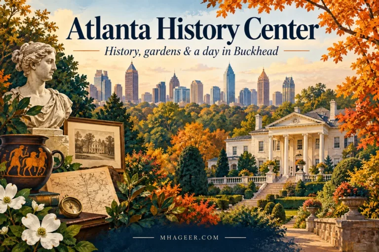 Editorial illustration combining Atlanta skyline, leafy grounds, and historic architecture.
