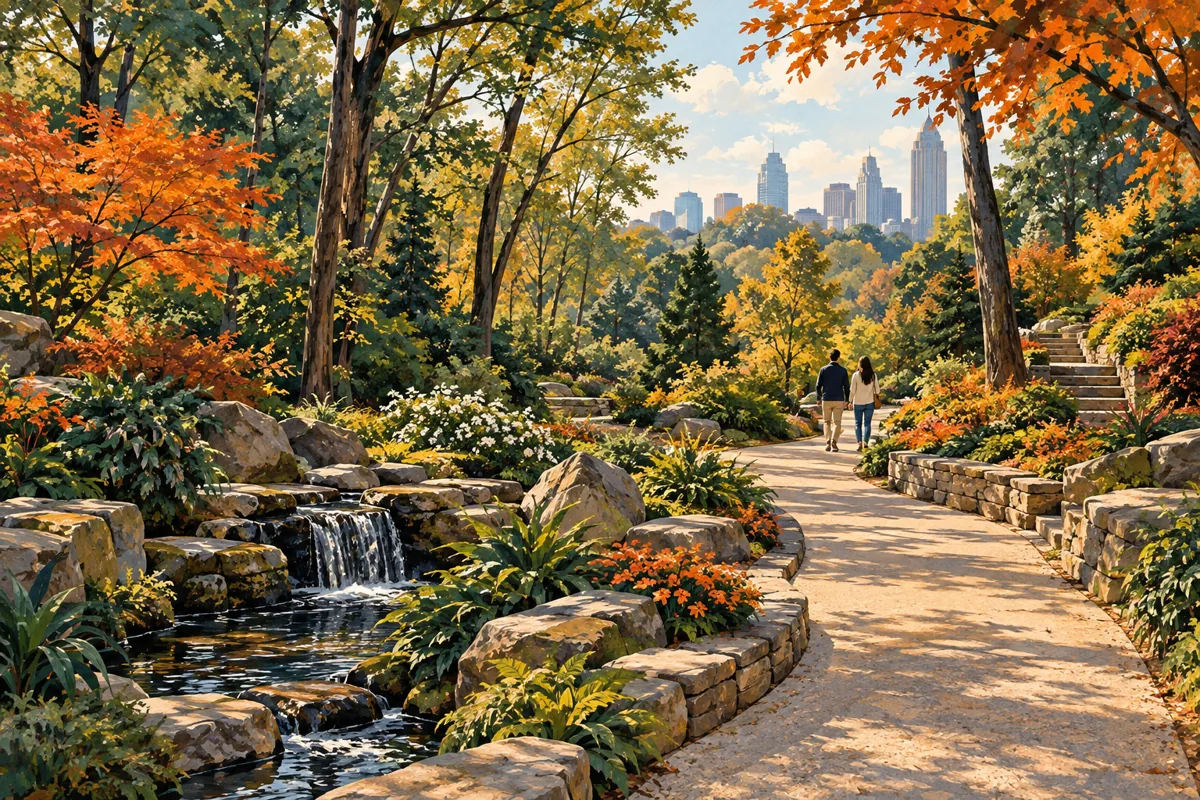 Conceptual illustration of a Piedmont woodland garden path.