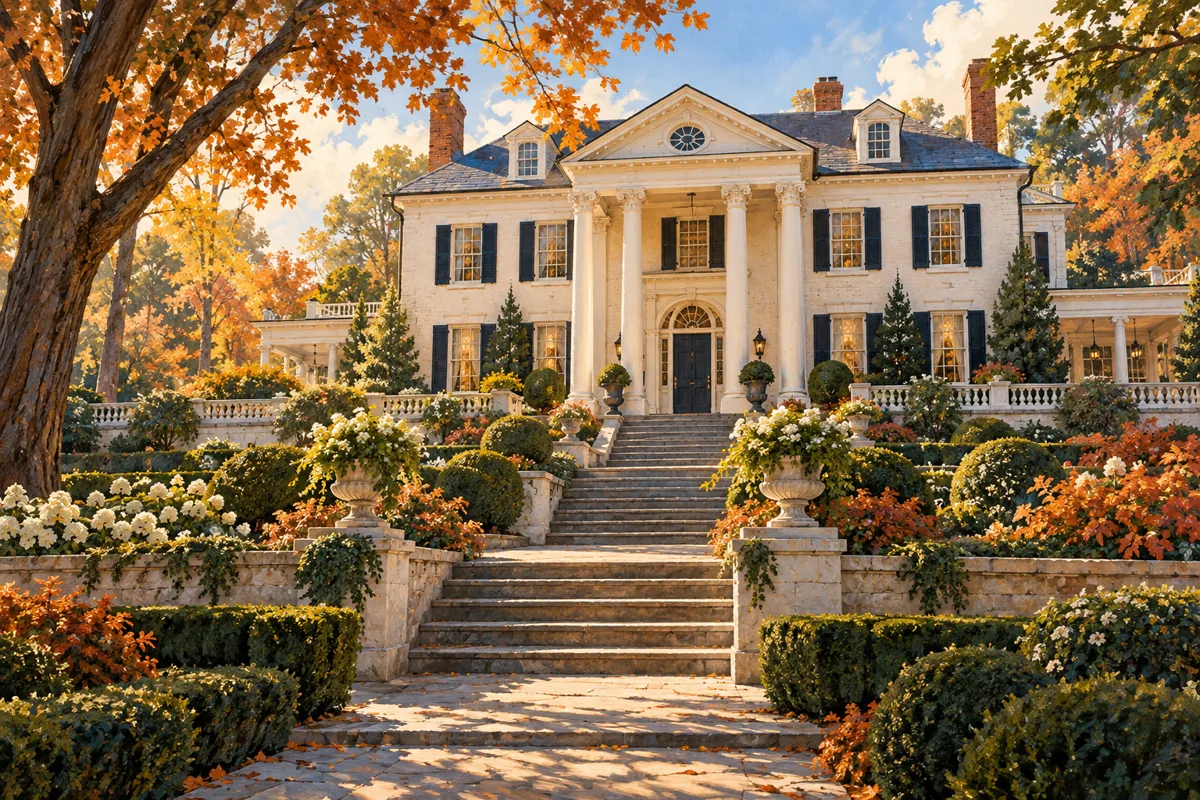 Conceptual illustration of classical historic architecture and a terraced garden.