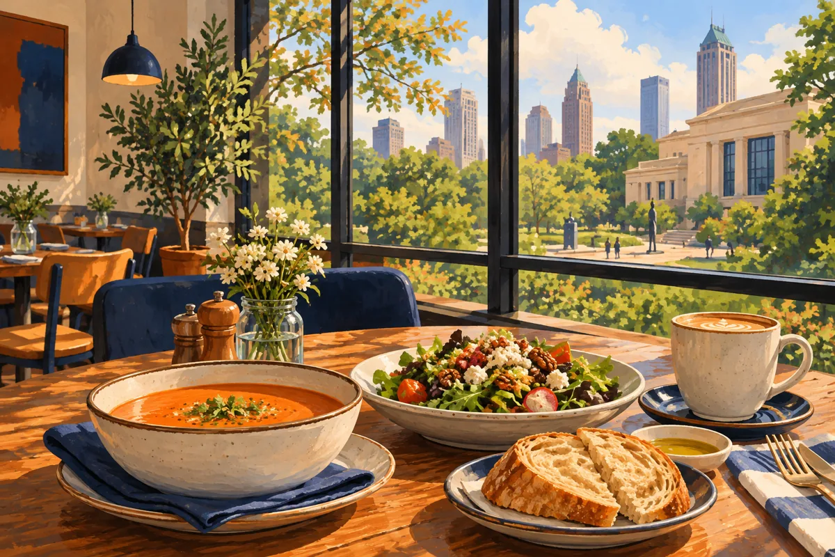Conceptual illustration of soup, salad, bread, and coffee during a museum-day lunch break.