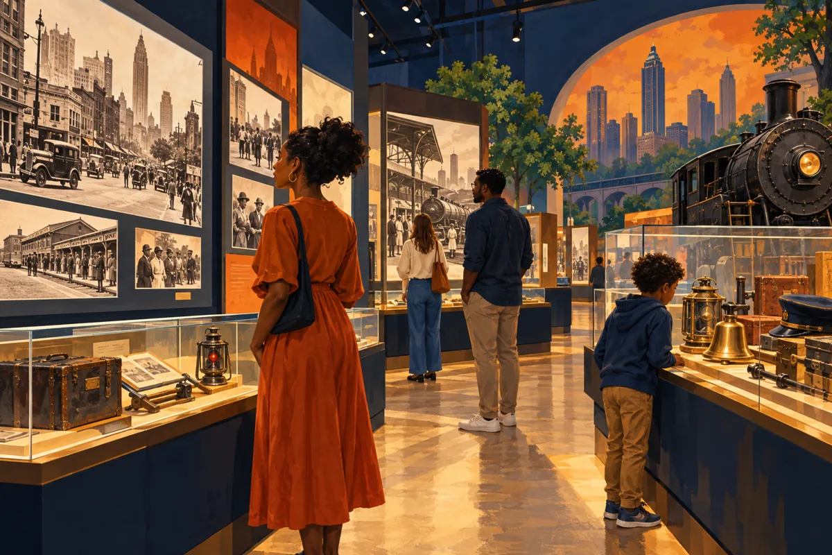 Conceptual illustration of visitors exploring a history museum gallery.
