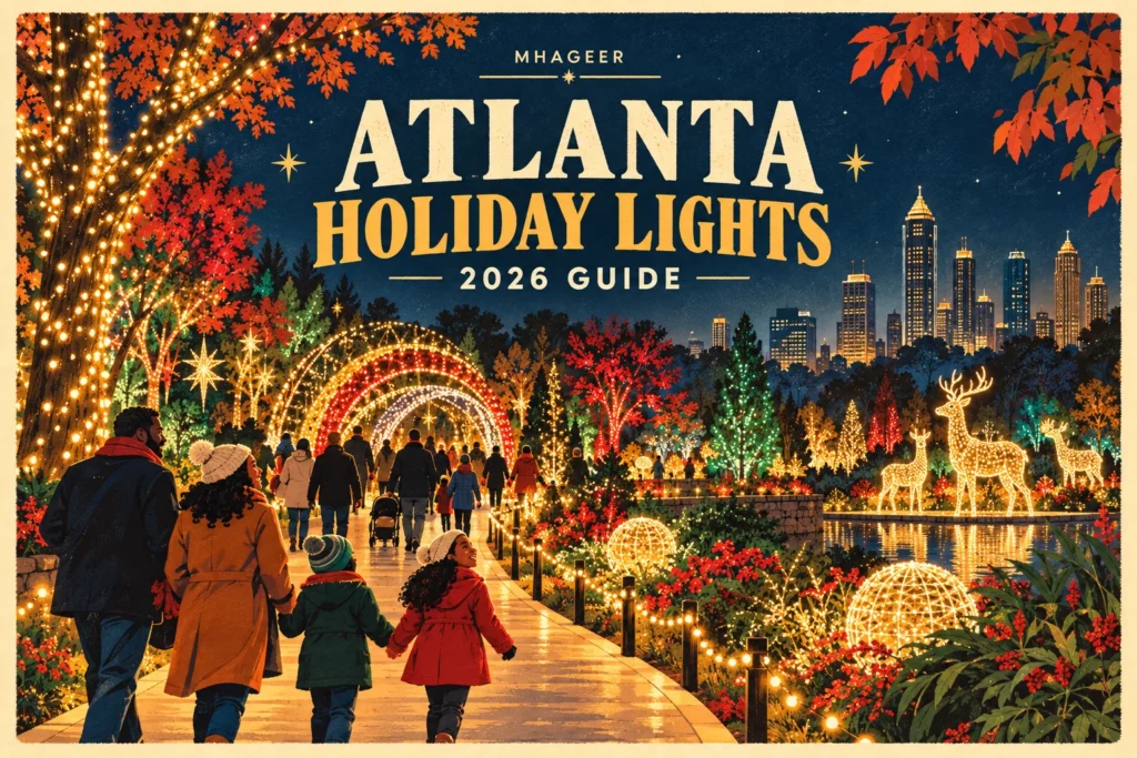 Mhageer style illustration of Atlanta holiday lights in a garden at night