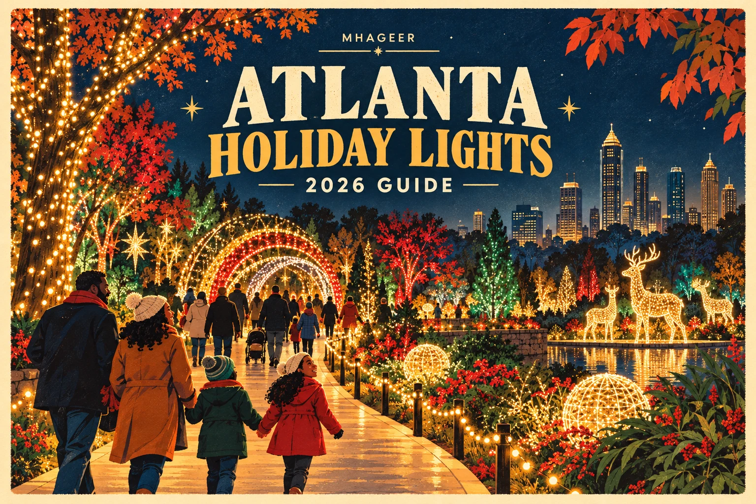 Mhageer illustration of Atlanta holiday lights in a garden at night