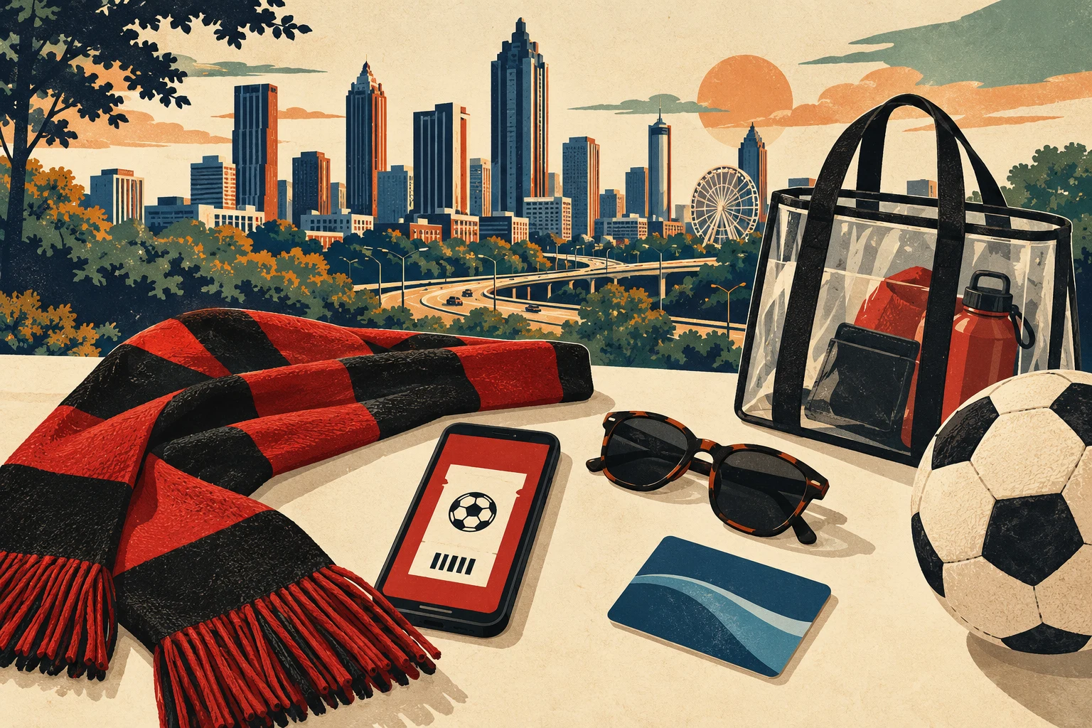 Conceptual soccer-themed illustration with a scarf, mobile ticket, clear bag and sunglasses