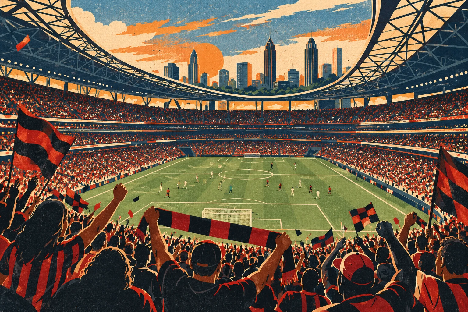 Conceptual Mhageer illustration of red-and-black soccer supporters overlooking a stadium pitch