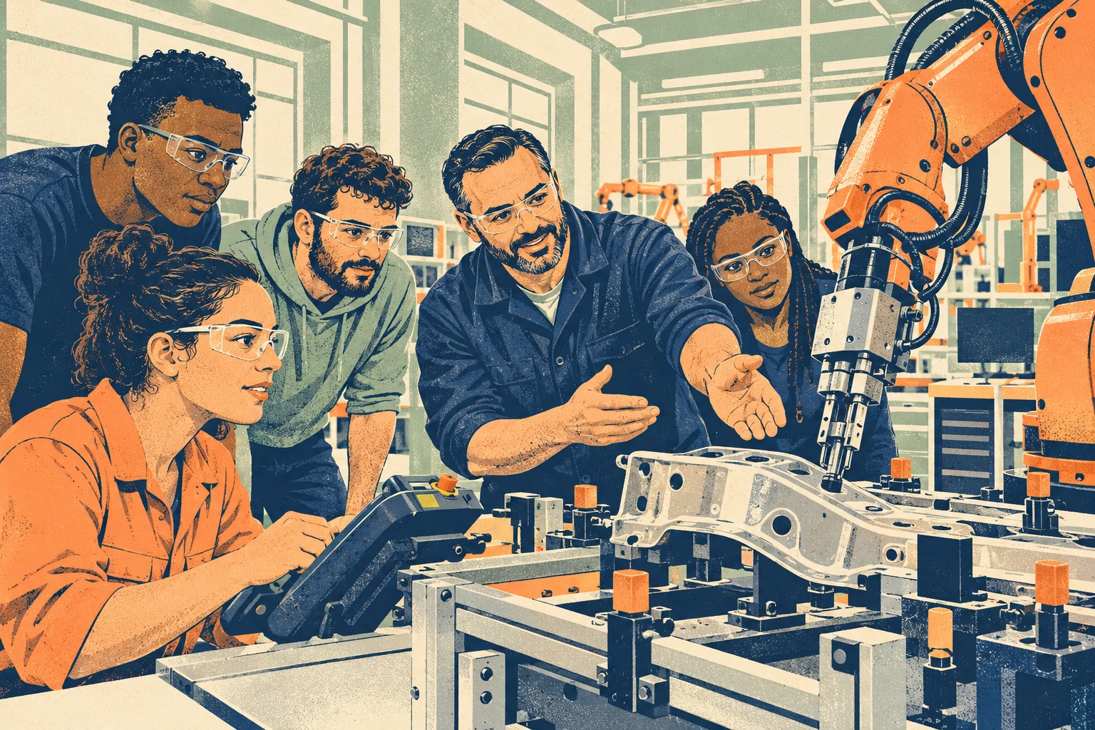 Conceptual illustration of technical students training with a manufacturing robot