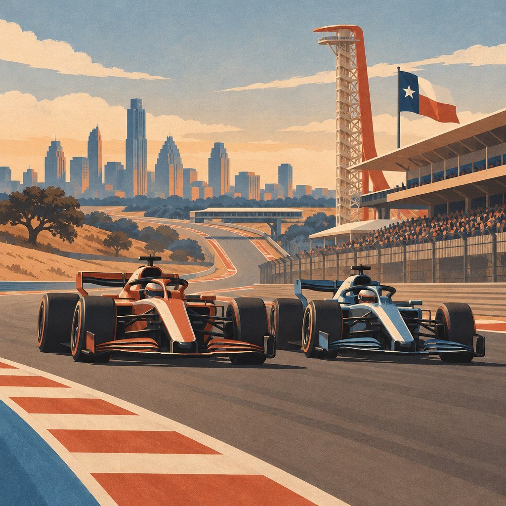 Two generic Formula 1 cars racing side by side at an Austin road circuit during a sprint weekend