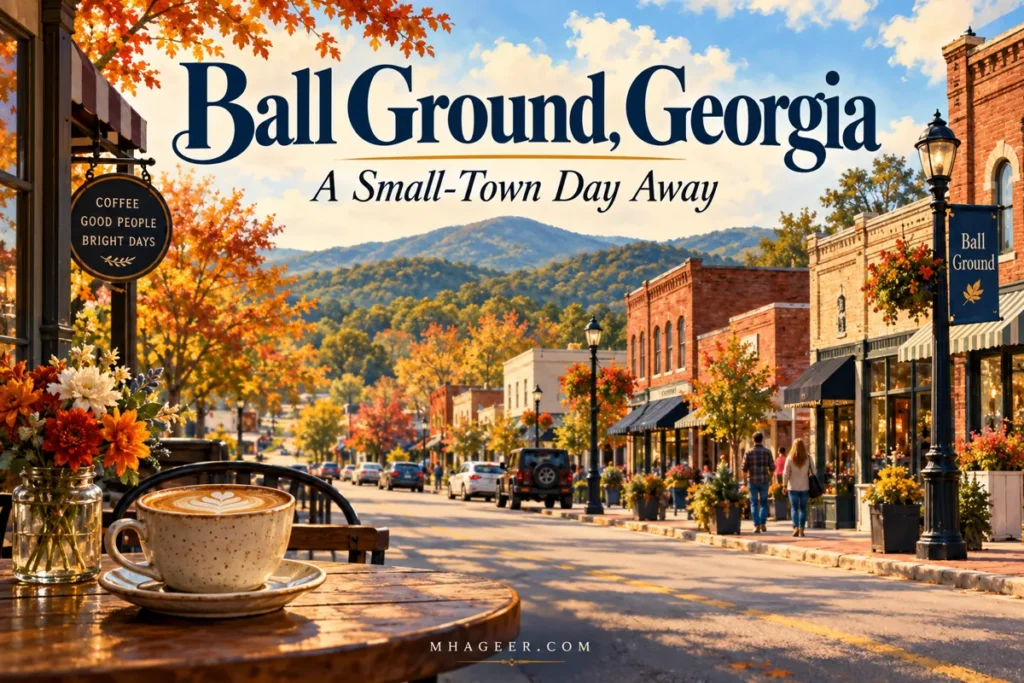 Conceptual illustration for a Ball Ground, Georgia guide with a small-town main street and autumn foliage.