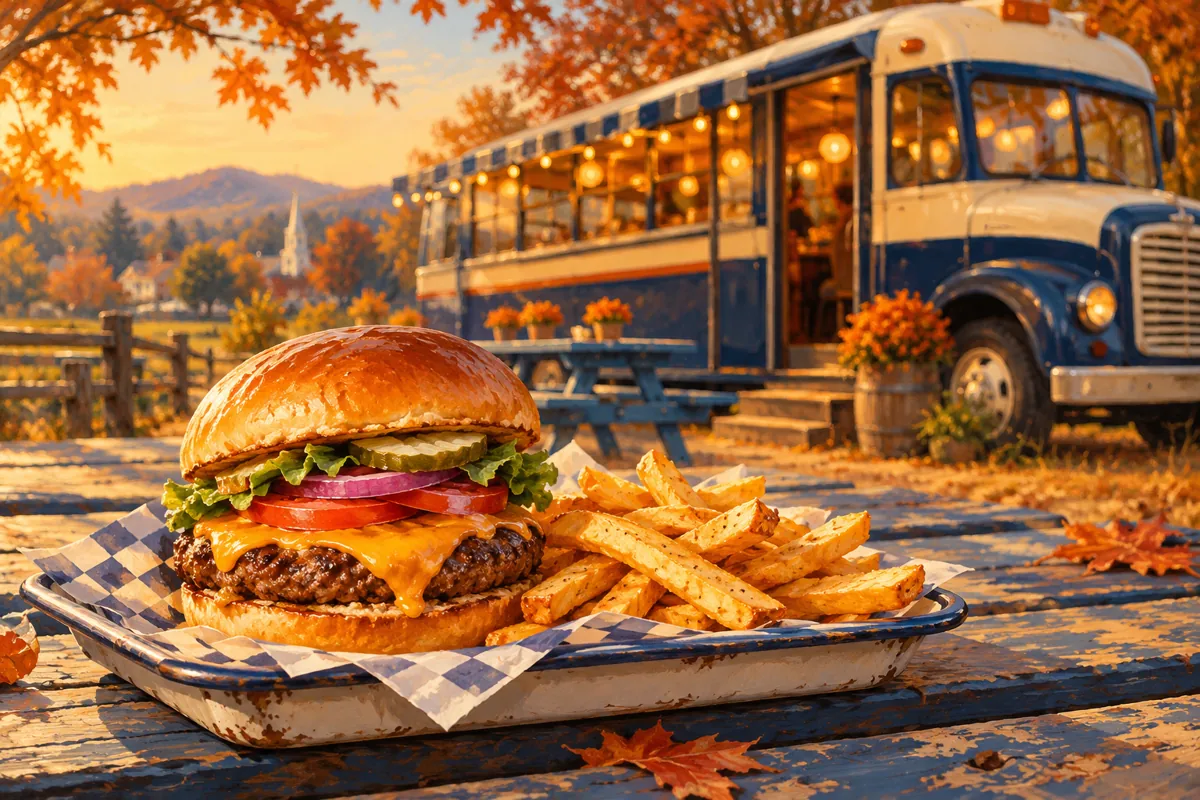 Illustration of a burger and fries with an imagined vintage bus diner in the background.