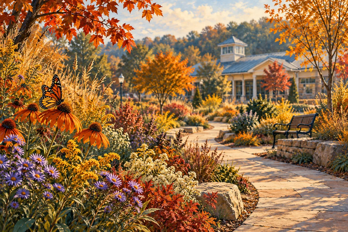 Imagined community garden with a walking path, autumn plants, and a butterfly.