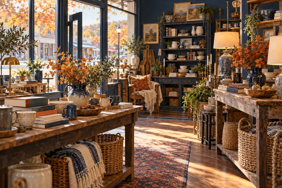 Illustration of ceramics, books, and baskets inside an imagined independent shop.