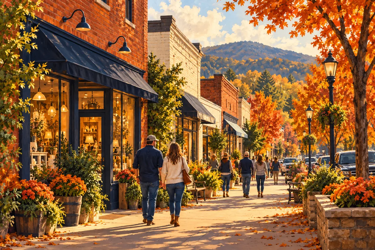 Imagined North Georgia downtown sidewalk with brick shops and visitors strolling.