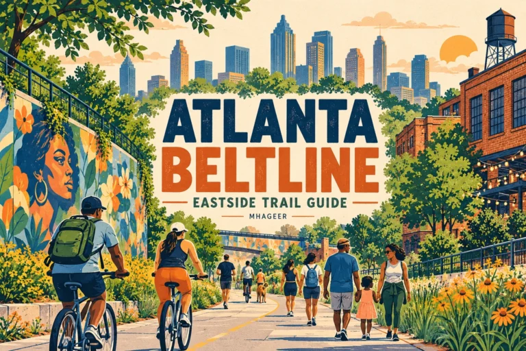 Mhageer illustration of Atlanta BeltLine Eastside Trail with walkers, cyclists, and city greenery