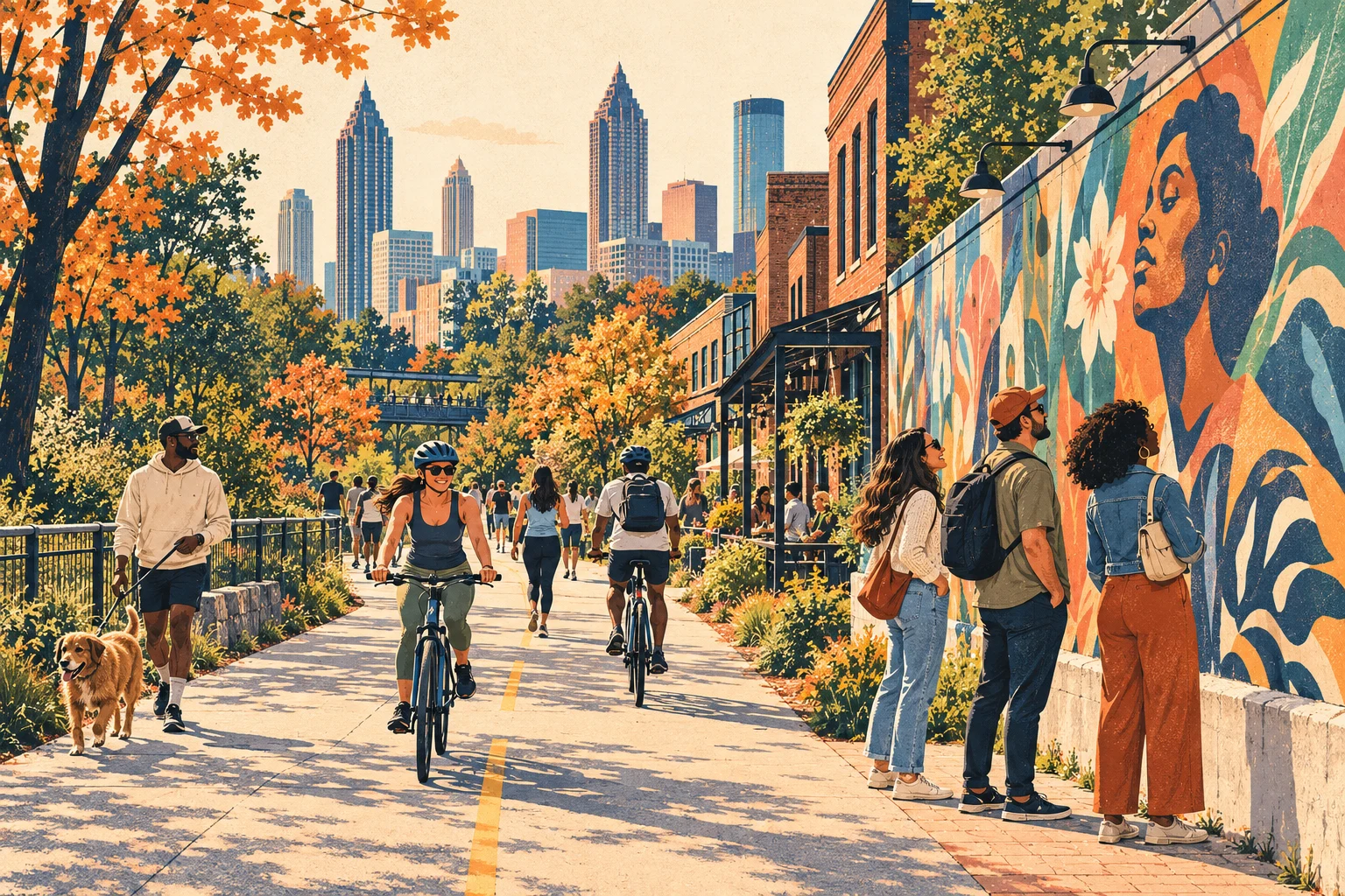 Conceptual Mhageer illustration of walkers and cyclists sharing an Atlanta urban trail by public art