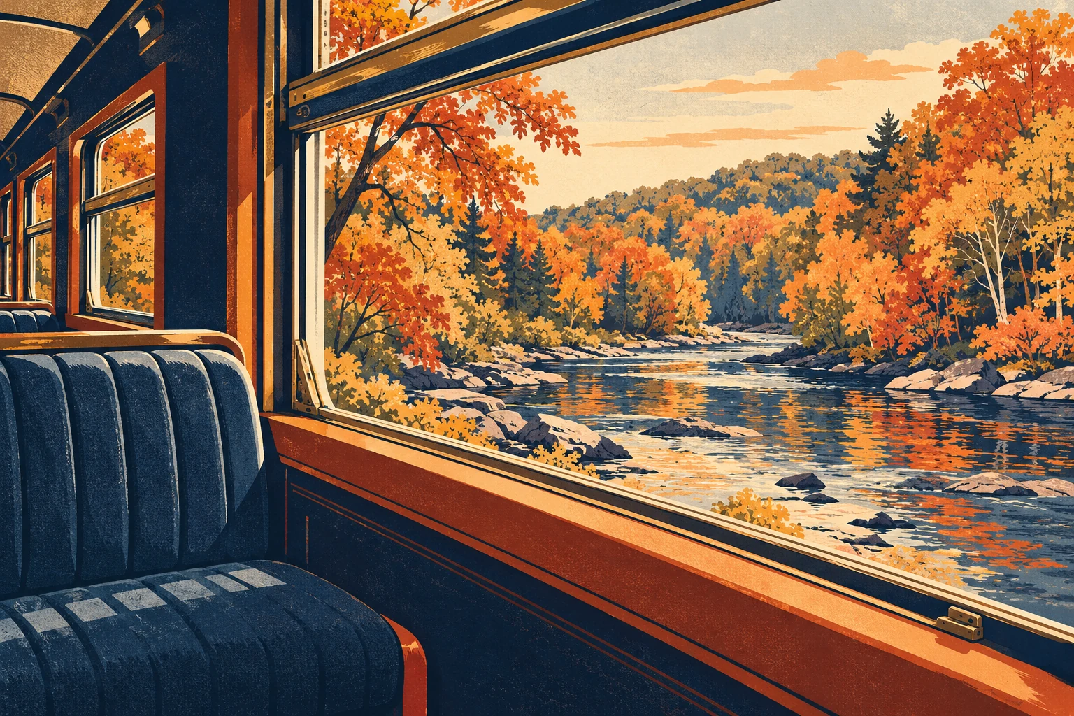 Conceptual illustration of autumn river scenery viewed through a passenger train window