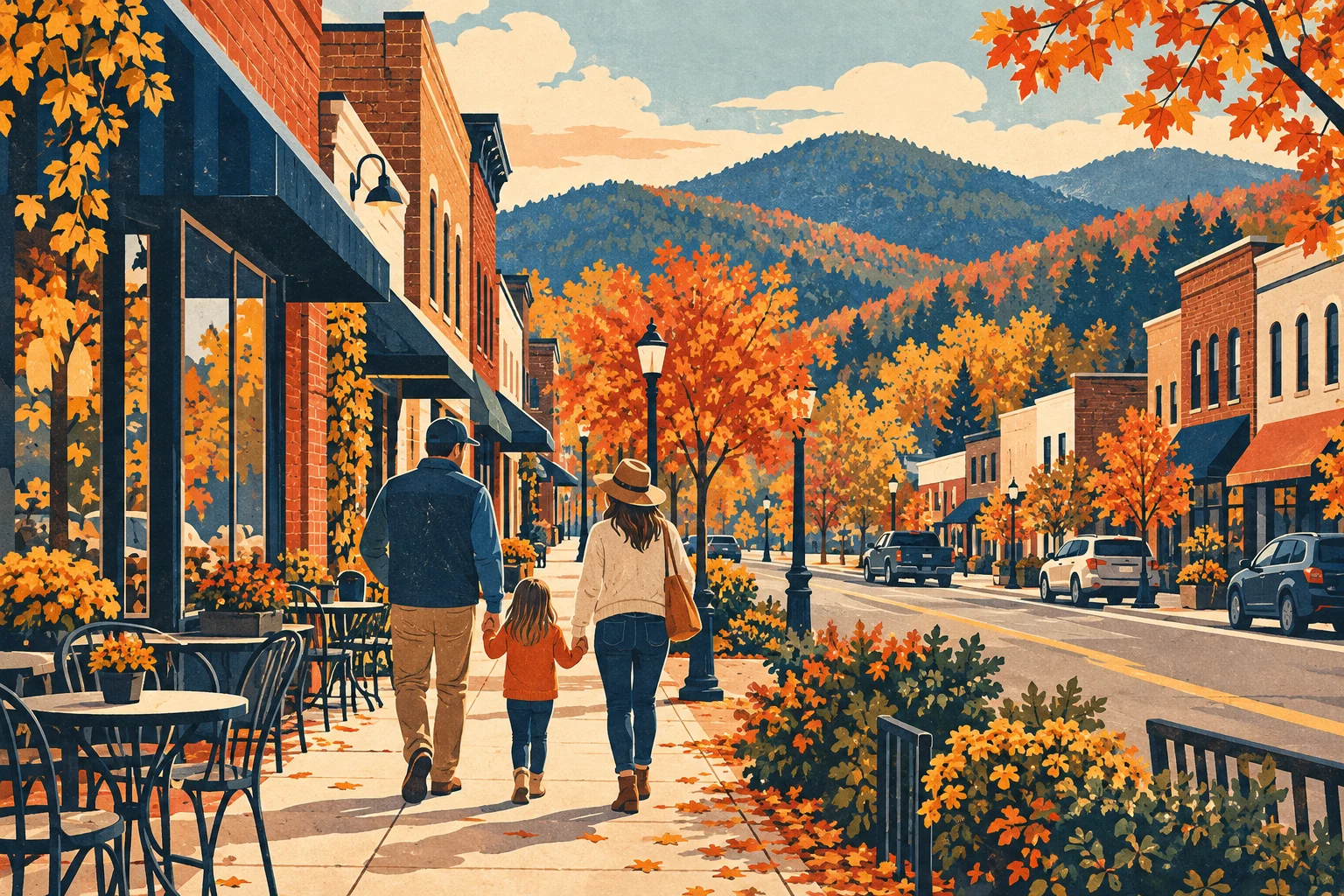 Conceptual illustration of a family walking past small-town storefronts in autumn
