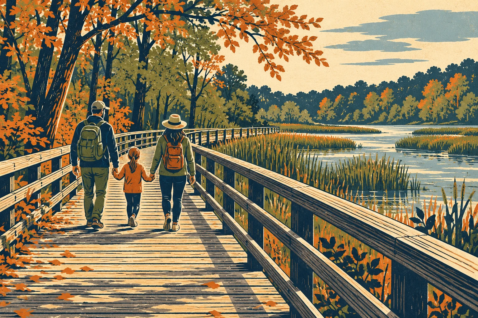 Conceptual illustration of a family walking on a railed boardwalk through Georgia wetlands