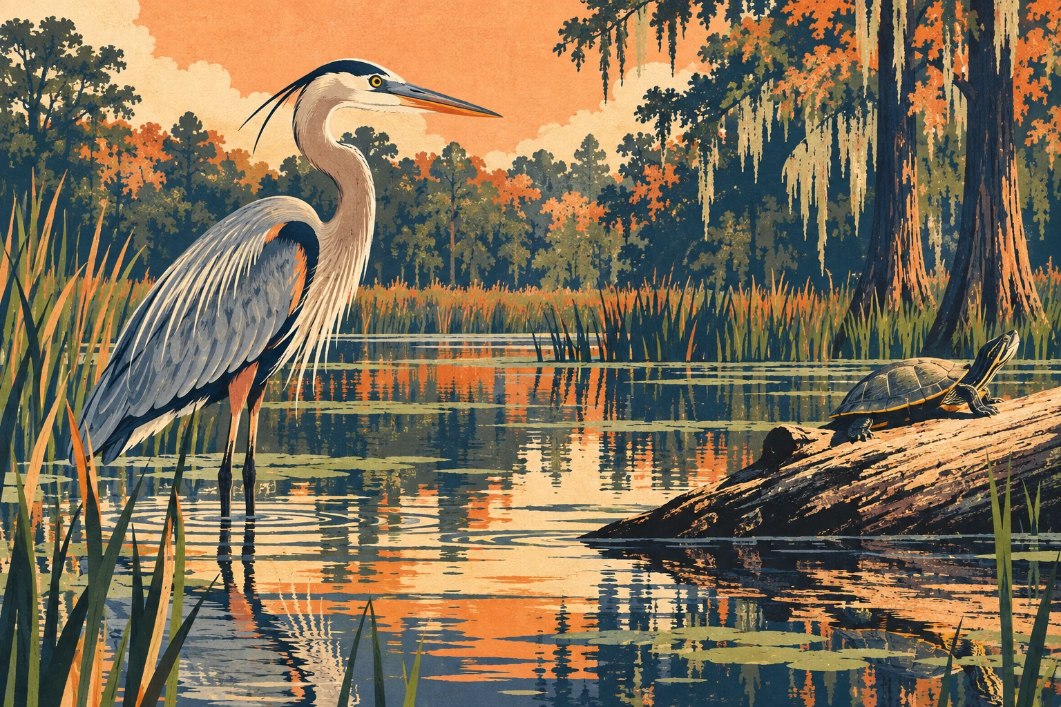 Conceptual illustration of a great blue heron in shallow water and a turtle basking on a log