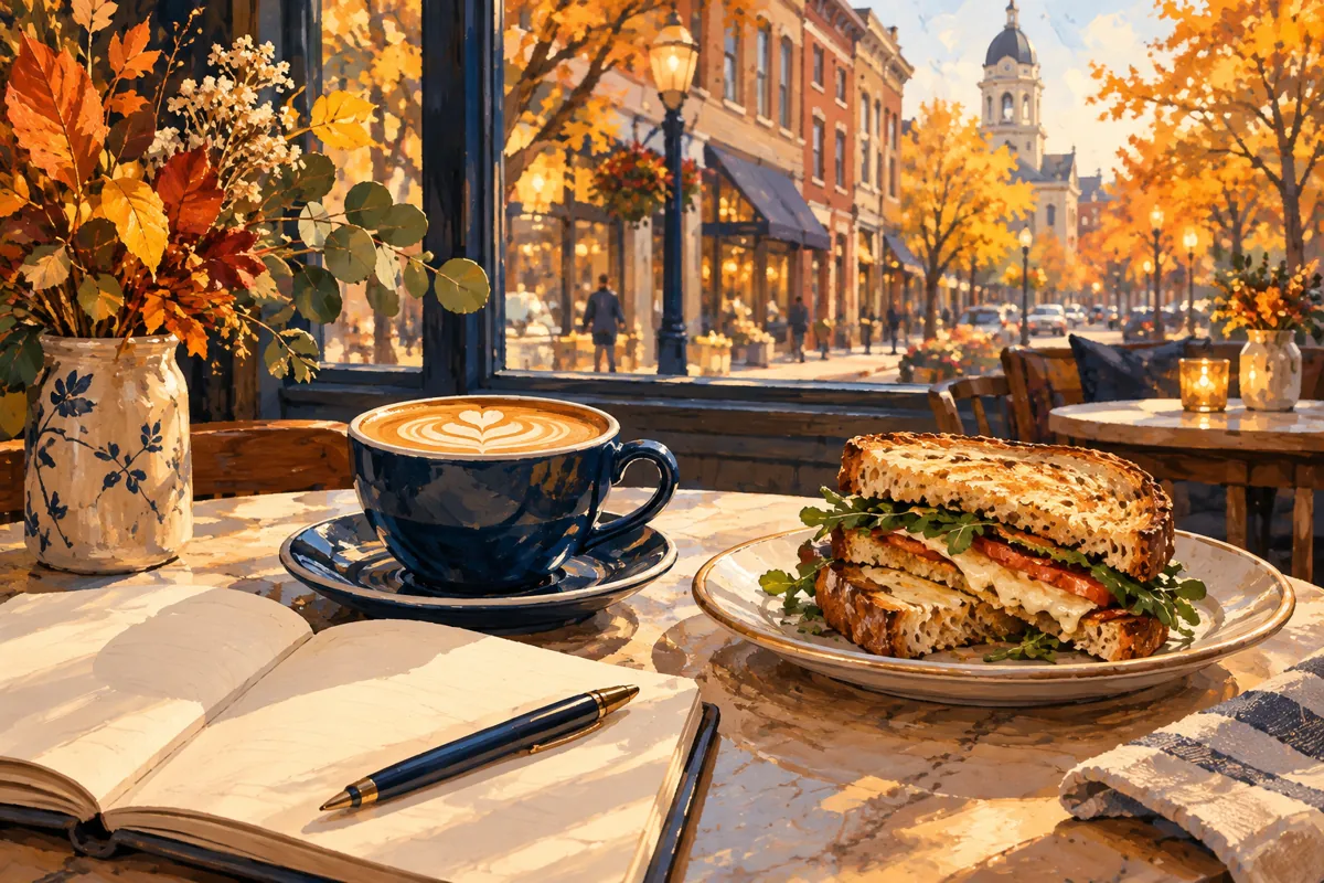 Illustration of coffee, a sandwich, and a notebook in an imagined downtown cafe.