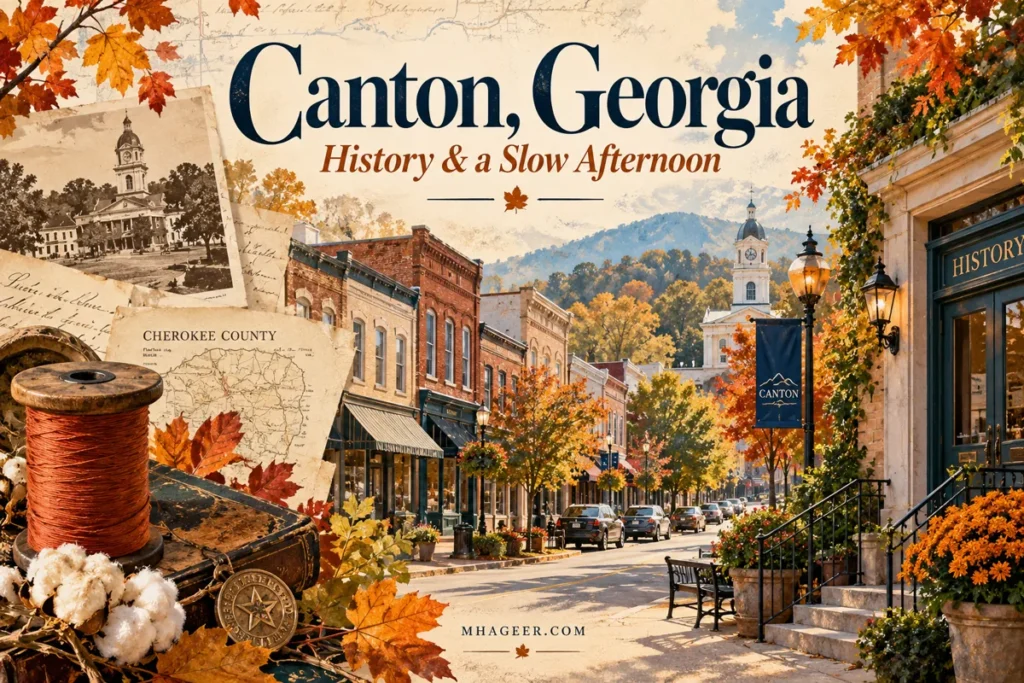 Conceptual illustration for a Canton history guide with downtown buildings, archival paper, and a textile spool.