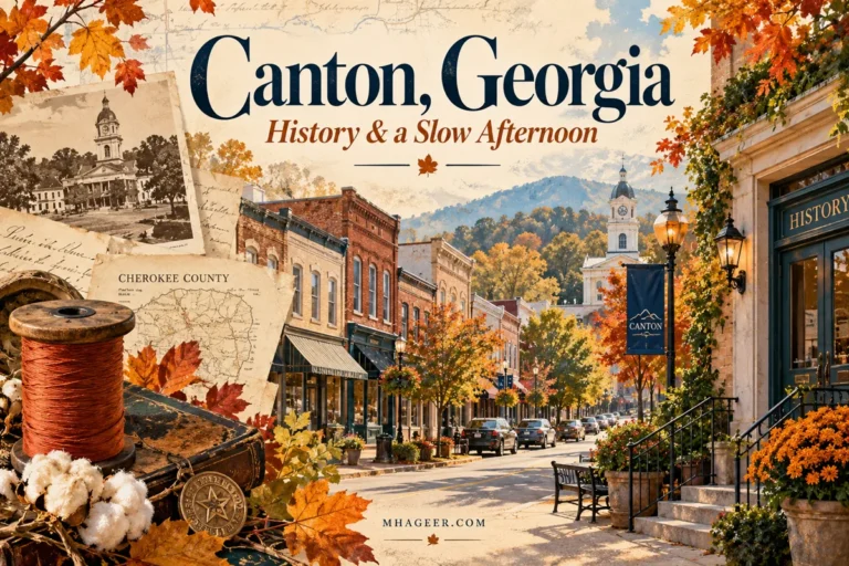 Conceptual illustration for a Canton history guide with downtown buildings, archival paper, and a textile spool.