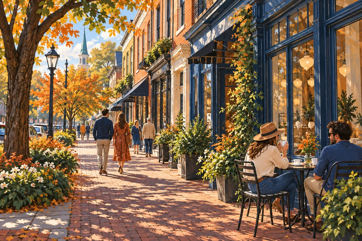 Imagined Georgia downtown sidewalk with brick storefronts and autumn trees.