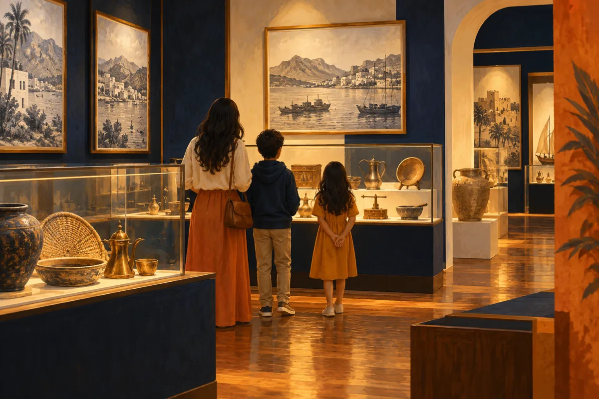 Imagined museum gallery with visitors reading displays and viewing household objects.