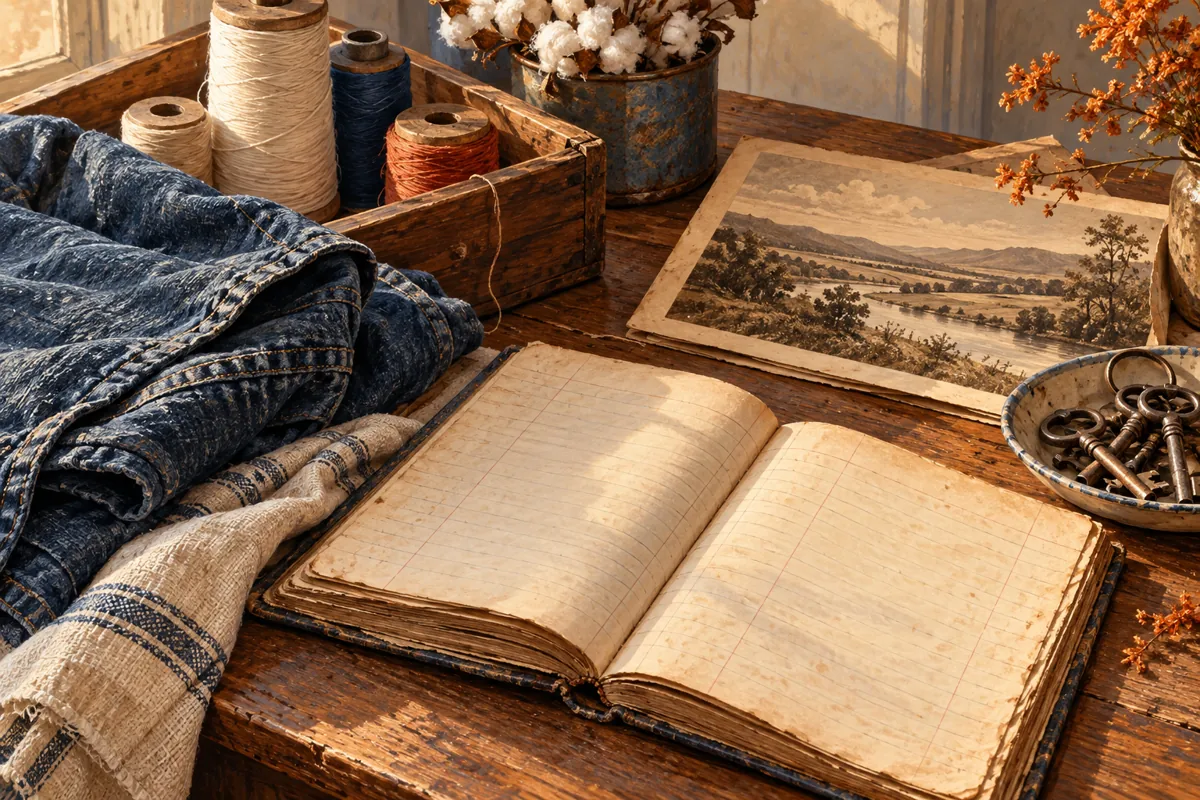 Conceptual still life of cotton spools, denim, a ledger, and old keys; not actual museum artifacts.