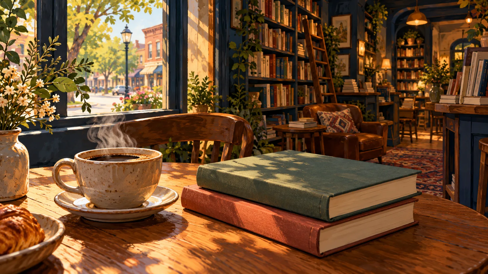 Coffee and books on a sunlit table inside an illustrated independent bookstore.