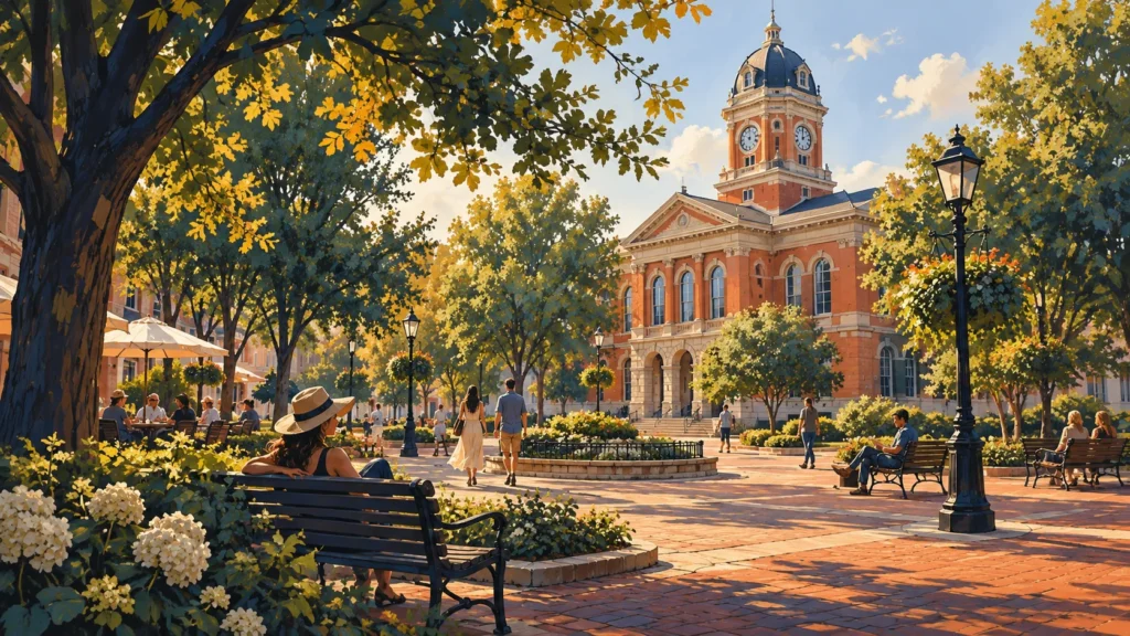 Conceptual illustration of a leafy Georgia town square with a historic courthouse.