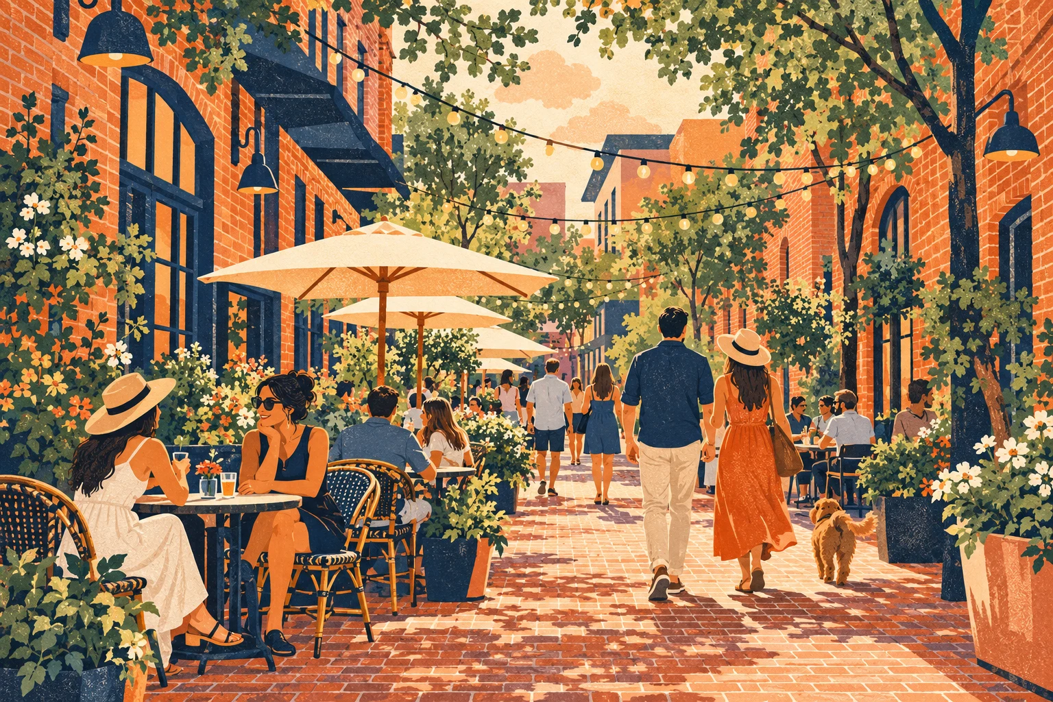 Mhageer conceptual illustration of a brick courtyard with restaurant patios and string lights