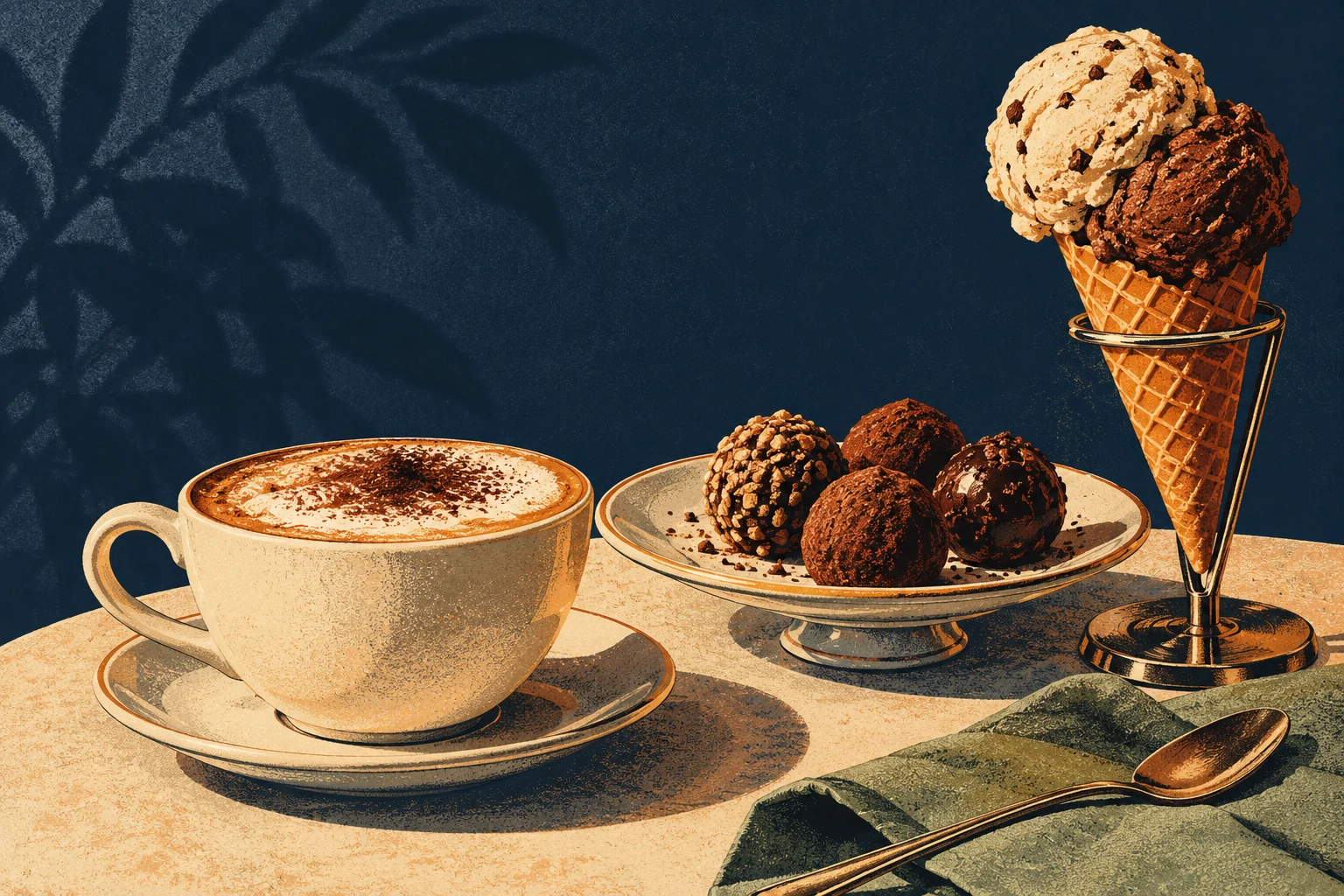 Mhageer illustration of coffee, chocolate truffles and an ice cream cone