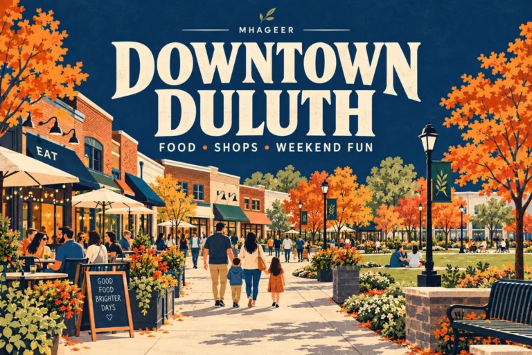 Mhageer illustrated Downtown Duluth cover with Food, Shops and Weekend Fun text