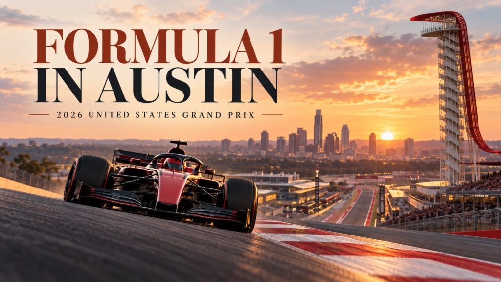 Formula 1 in Austin — 2026 United States Grand Prix, with an illustrated racing car at sunset