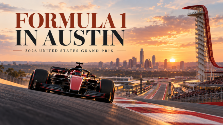 Formula 1 in Austin — 2026 United States Grand Prix, with an illustrated racing car at sunset
