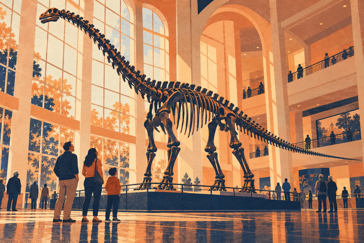 Conceptual illustration of a family looking at a long-neck dinosaur skeleton in a museum hall
