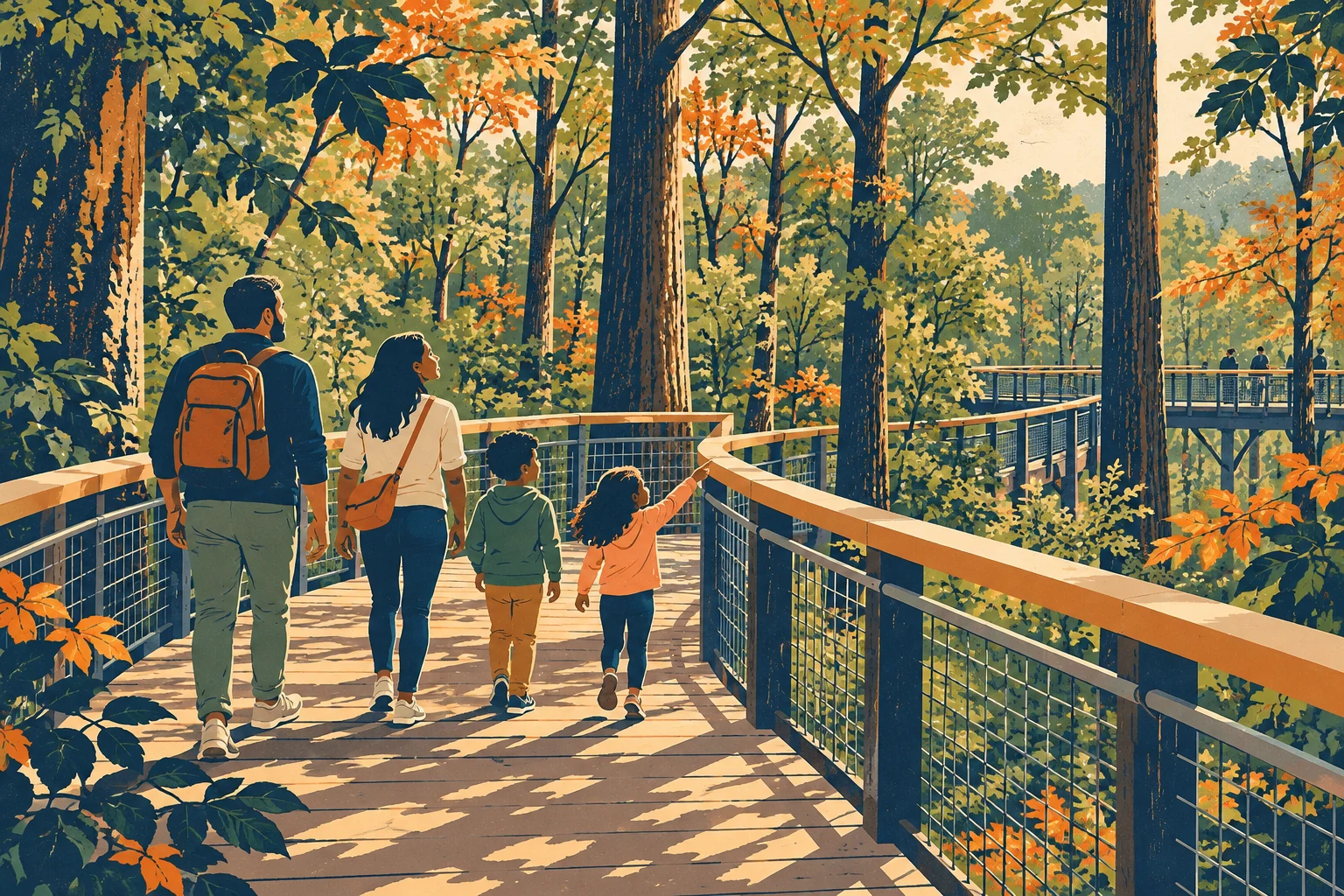 Conceptual illustration of a family on a railed woodland canopy walkway