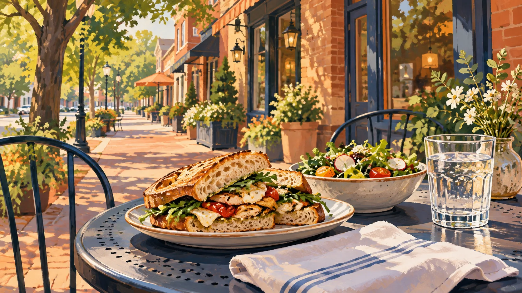Illustrated sandwich, salad and water on an outdoor cafe table beside a leafy street.
