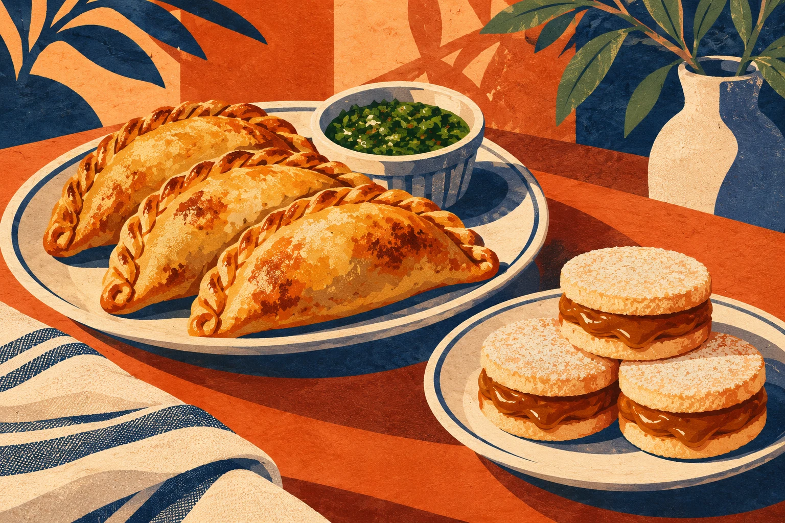 Illustration of empanadas with green sauce and dulce de leche sandwich cookies
