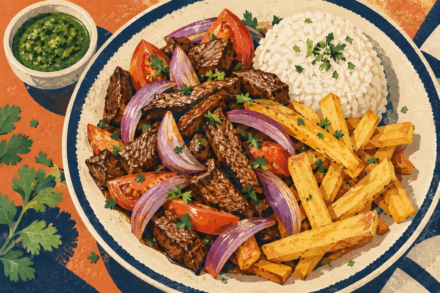 Illustration of Peruvian-style lomo saltado with steak, vegetables, fries and rice