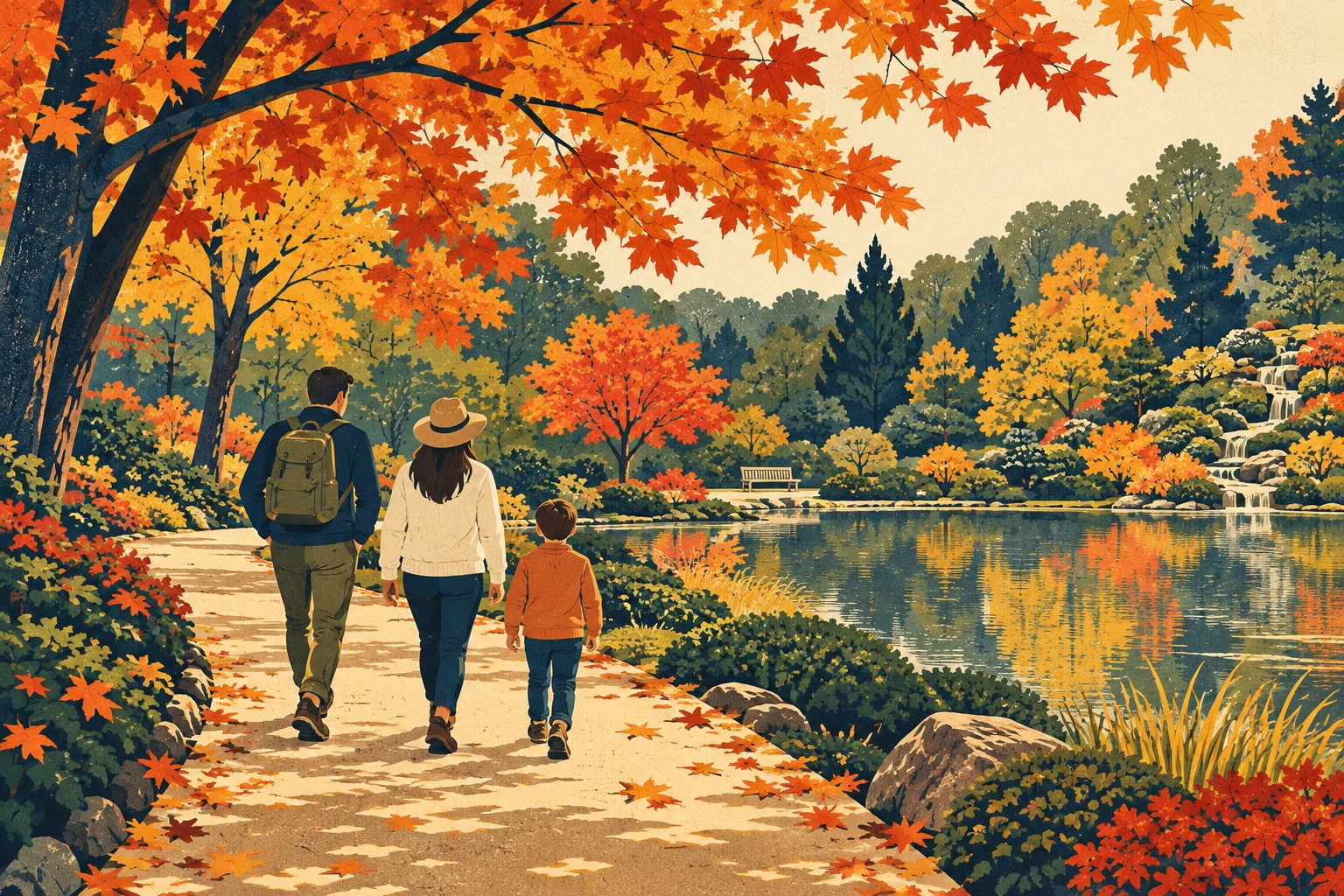 Illustration of a family walking along an autumn garden path beside a pond
