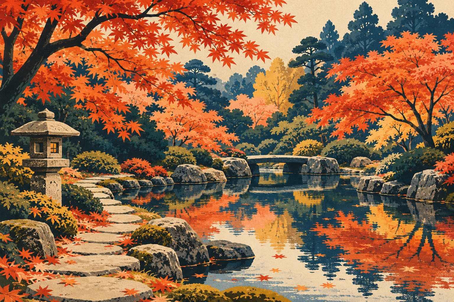 Conceptual illustration of autumn Japanese maples reflected in a pond beside a stone lantern