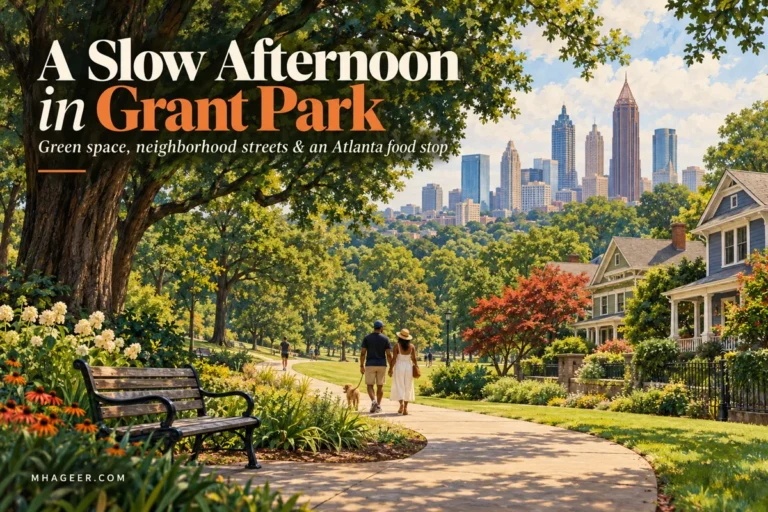 Conceptual illustration of an Atlanta park afternoon with leafy paths and neighborhood homes.