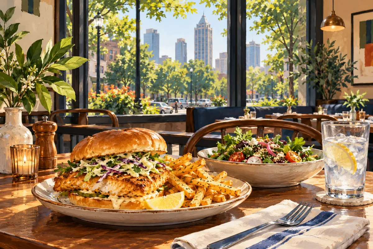 Illustration of a casual fish-sandwich meal in an imagined restaurant.