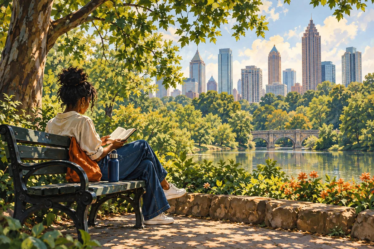 Illustration of a visitor reading on a shaded park bench.